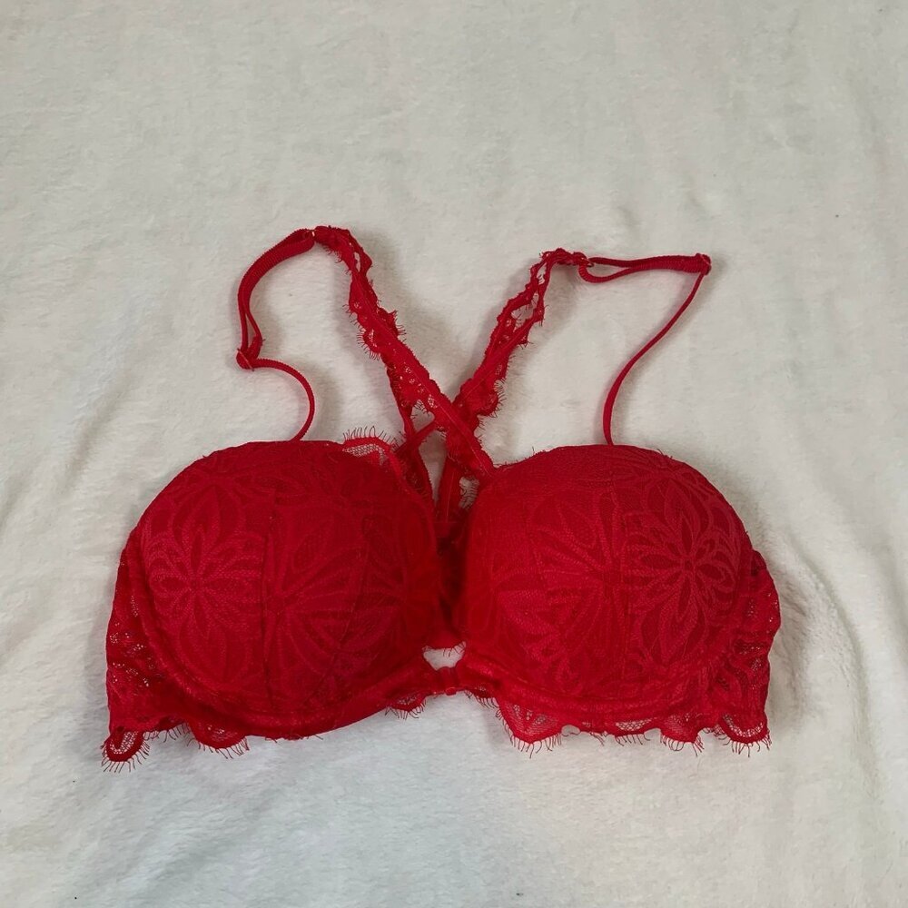 Victoria's Secret PINK 34C Red Floral Lace Front-Clasp Racerback Push-Up Bra